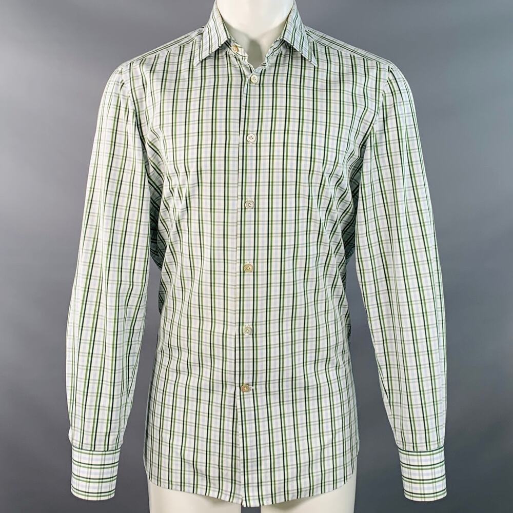KITON Size M White Green Plaid Cotton Curved Cutaway Long Sleeve Shirt